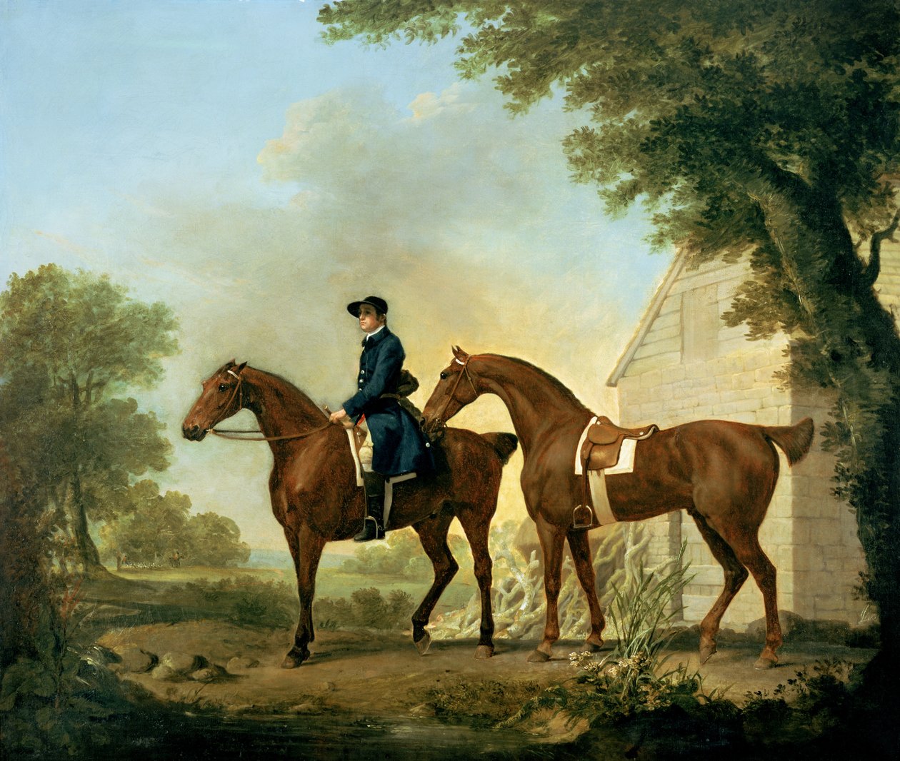 Mr. Crewes Jäger mit einem Stallburschen nahe einer Holzscheune von George Stubbs