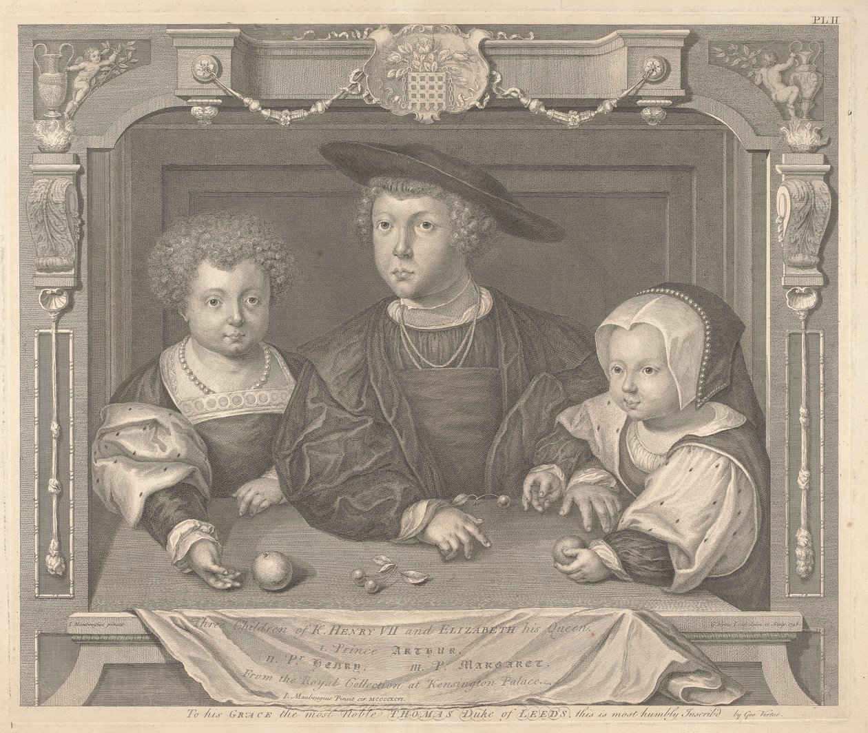 Drei Kinder von Heinrich VII. und Elizabeth, seiner Königin, Prinz Arthur, Prinz Heinrich und Prinzessin Margaret von George Vertue