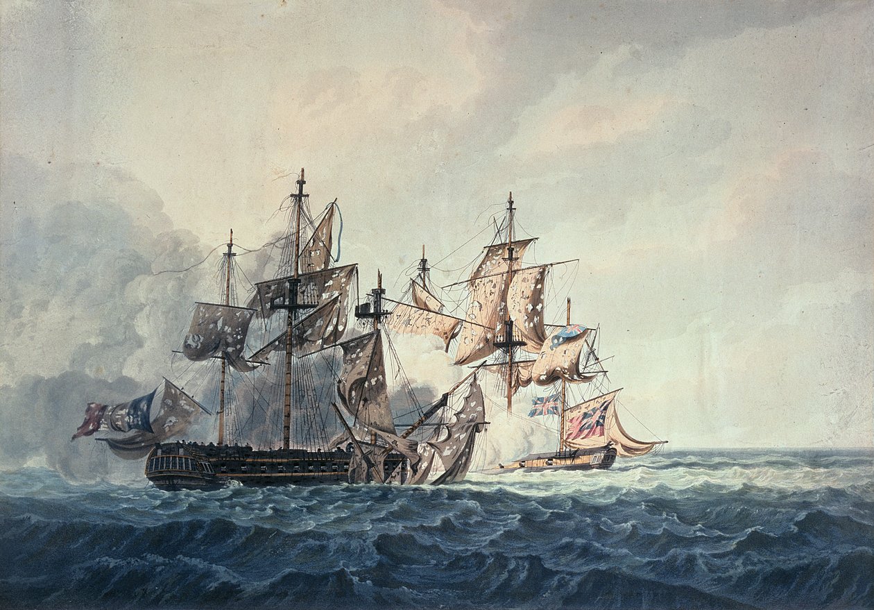 Die Aktion zwischen Seiner Majestät Sloop, Bonne Citoyenne, und der französischen Fregatte, La Furieuse, am 6. Juli 1809, westlich der Inseln, graviert von R und D Havell, veröffentlicht von Robert Cribb im Jahr 1810 von George Webster