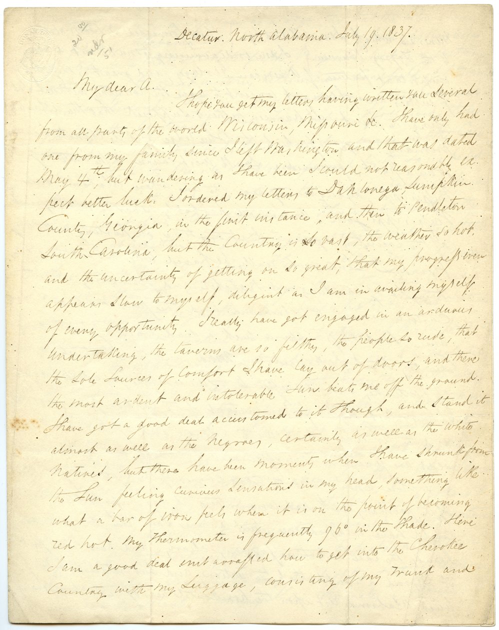 Unvollständiger Brief [von G.W. Featherstonhaugh], Decatur, NC, an Col. Abert [John James Abert], 19. Juli 1837 von George William Featherstonhaugh