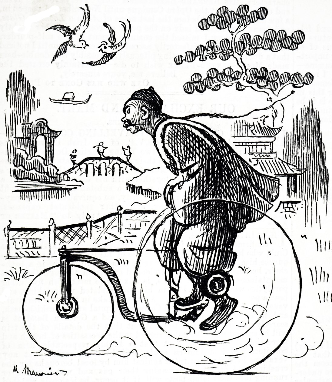 Karikatur eines chinesischen Mannes, der ein Dreirad durch einen Park in China fährt. Illustriert von George du Maurier (1834-1896), einem französisch-britischen Karikaturisten und Autor von George du Maurier