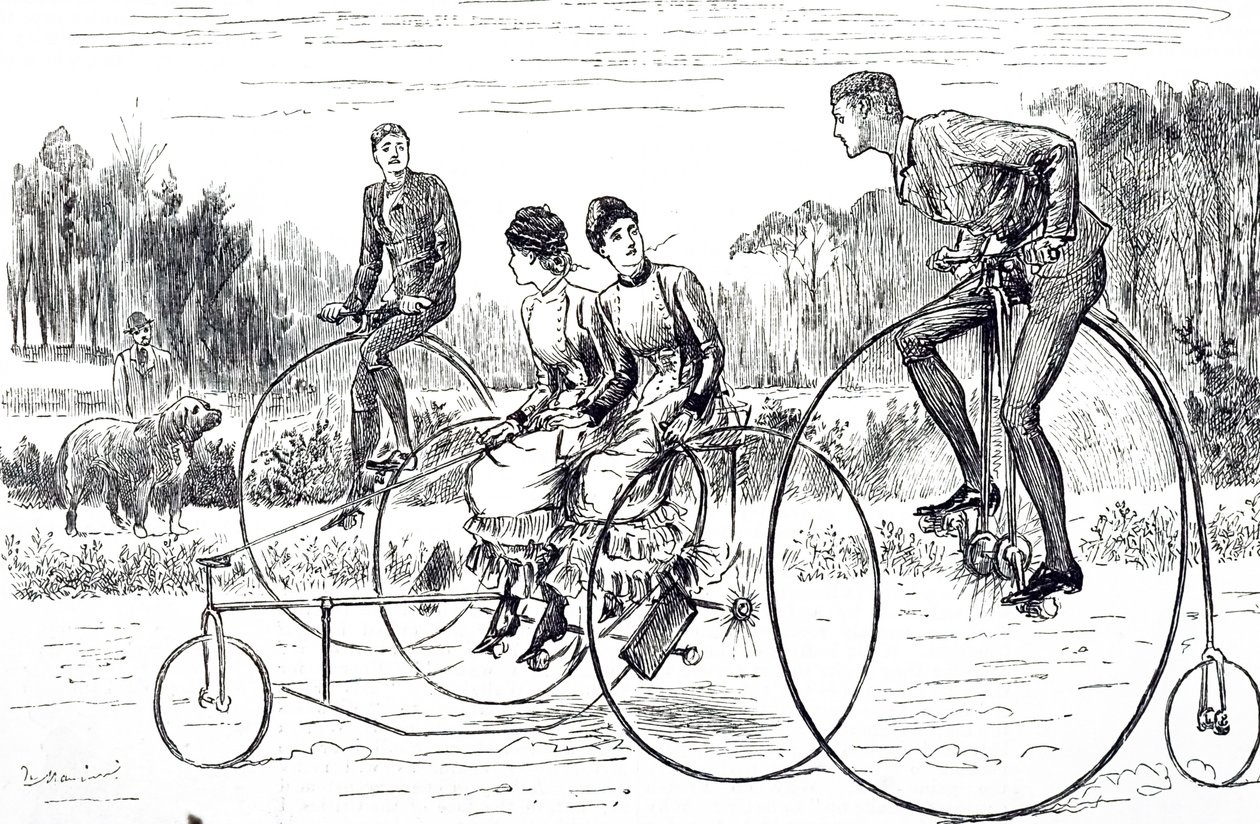 Eine Karikatur, die eine Gruppe junger Leute zeigt, die Dreiräder fahren. Illustriert von George du Maurier (1834-1896), ein franco-britischer Karikaturist und Autor von George du Maurier