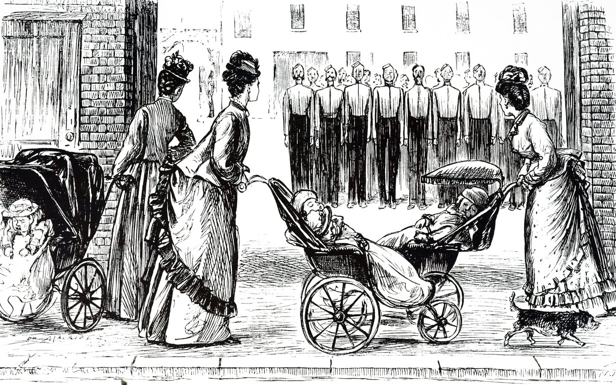 Eine Gravur, die Kindermädchen zeigt, die Kinder in Kinderwagen schieben. Illustriert von George du Maurier (1834-1896), einem franco-britischen Karikaturisten und Autor von George du Maurier