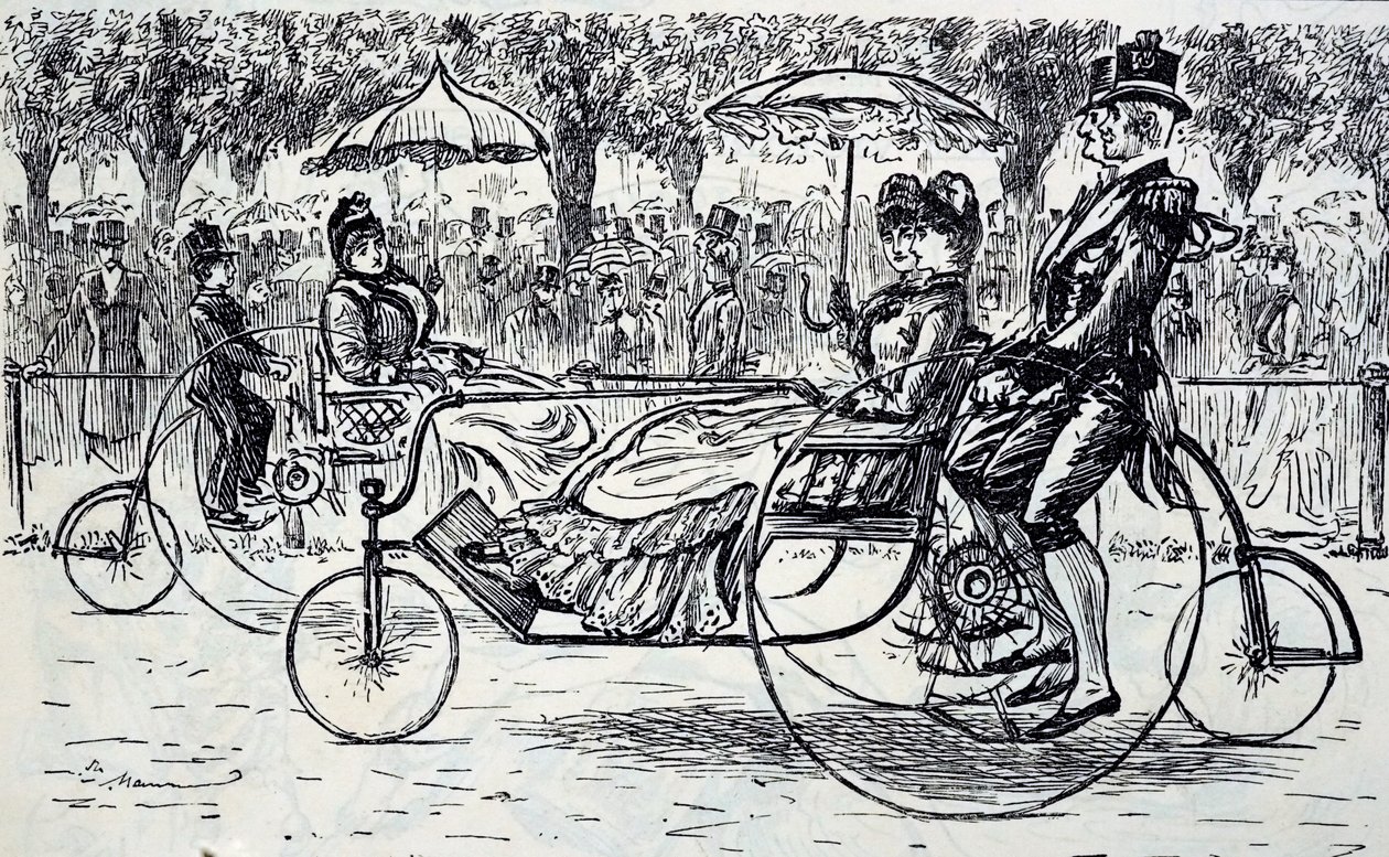 Eine Gravur, die Passagiere zeigt, die in Fahrradkutschen fahren. Illustriert von George du Maurier (1834-1896), ein franco-britischer Karikaturist und Autor von George du Maurier