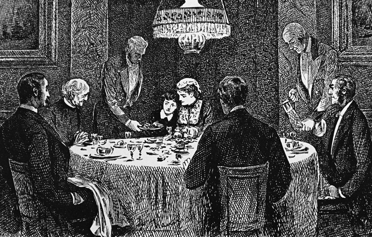 Eine Oberschichtfamilie am Tisch von George du Maurier