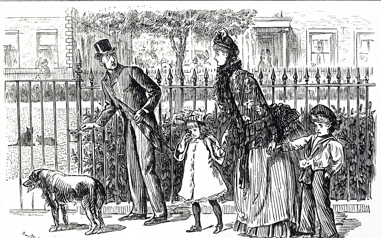 Karikatur, die eine Familie zeigt, die durch die Straßen des viktorianischen Londons geht von George du Maurier
