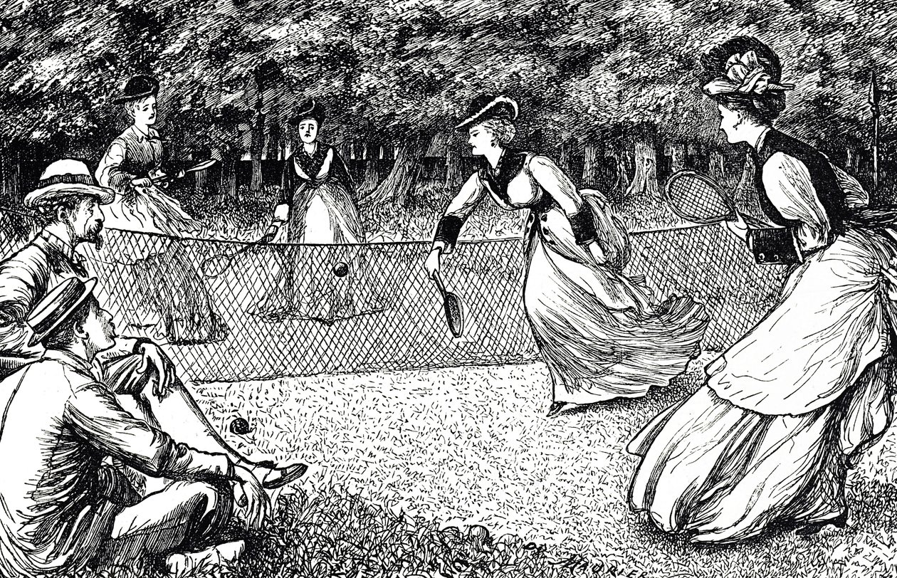 Karikatur, die ein Tennisspiel zeigt von George du Maurier