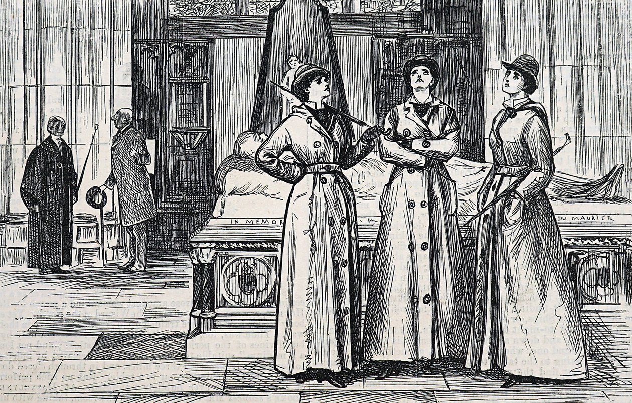 Drei Frauen in langen Mänteln in einem Museum von George du Maurier