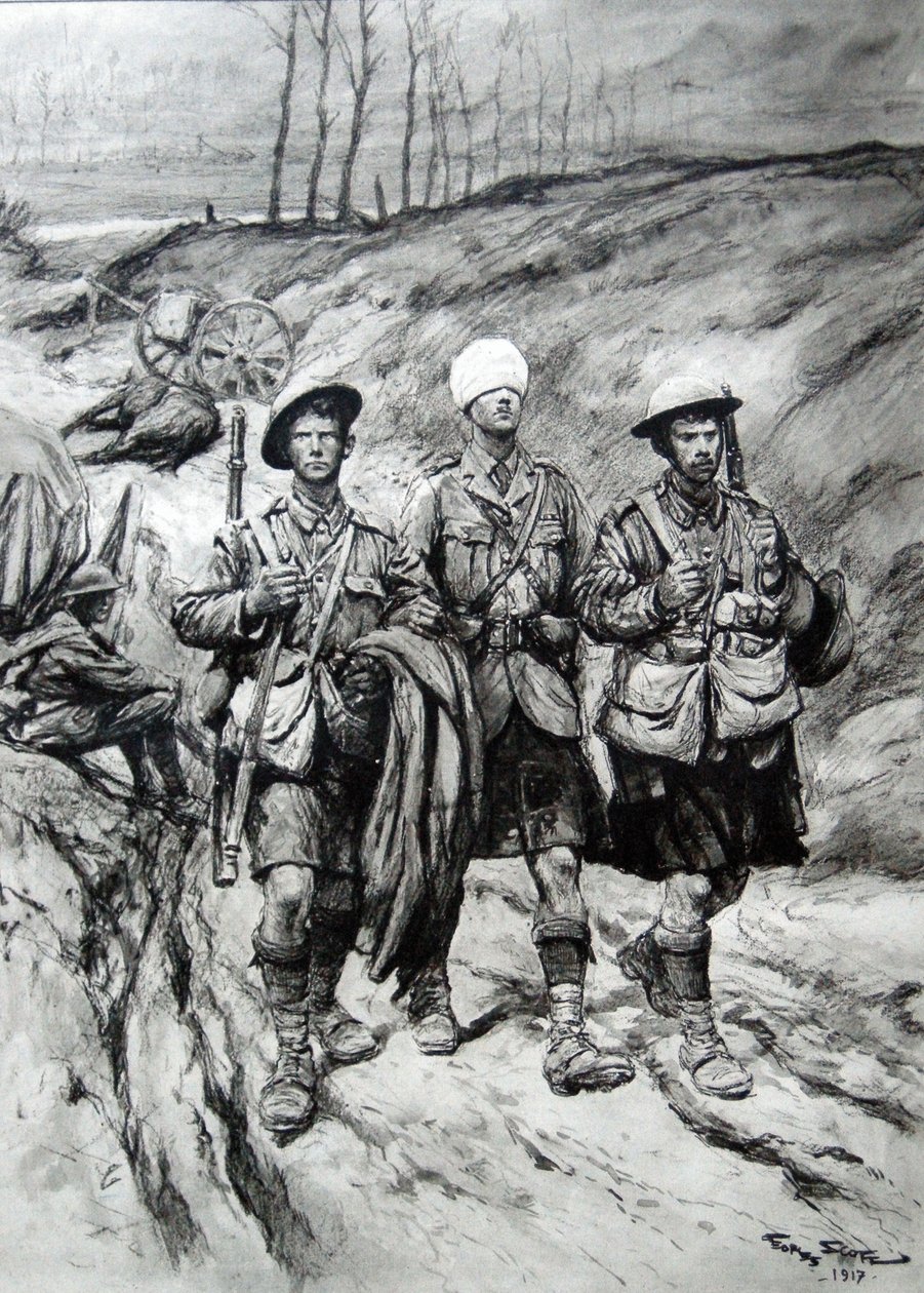 Schottische Soldaten helfen ihrem verwundeten Offizier, 1917 von Georges Bertin Scott