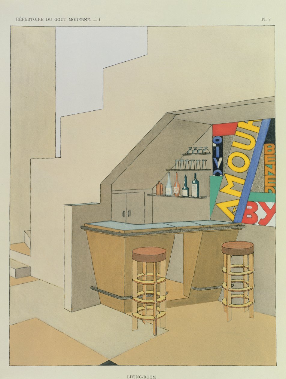 Entwurf für eine kleine Bar, aus einer französischen Innenarchitekturpublikation mit 200 Drucken, ca. 1928-29 von Georges Djo Bourgeois