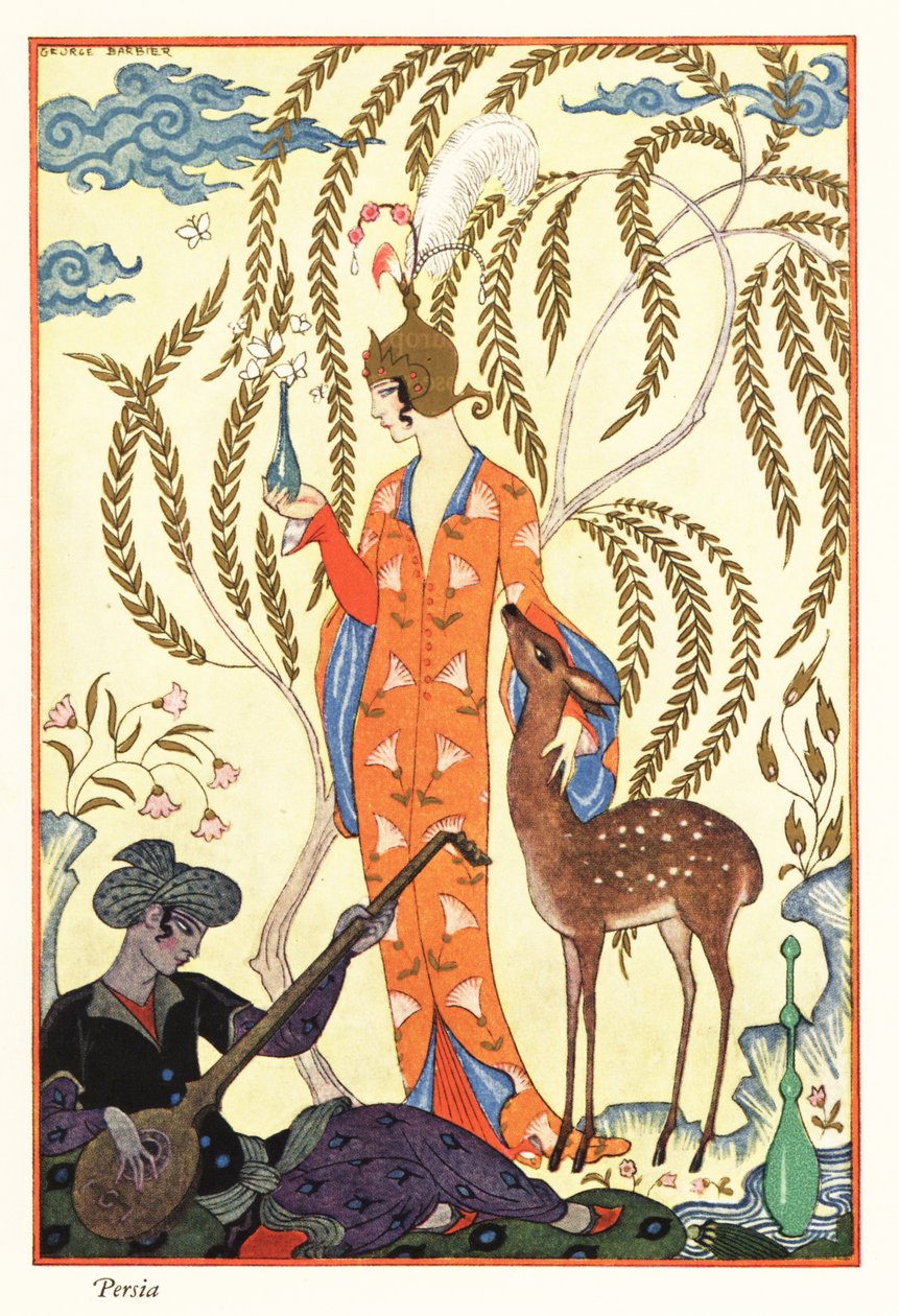 Eine Frau hält eine Parfümflasche, altes Persien von Georges Barbier