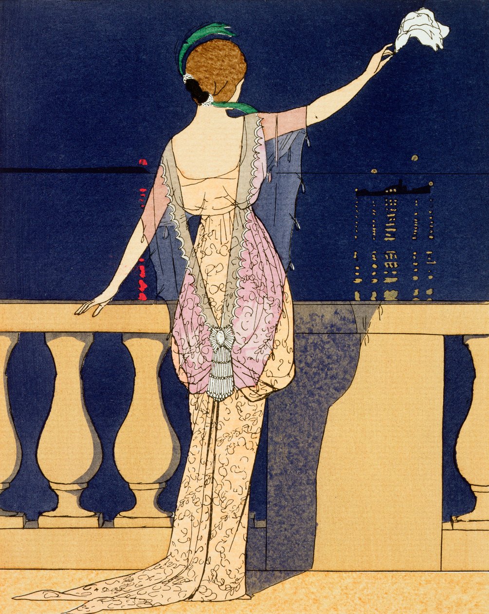 Abschied bei Nacht, Entwurf für ein Abendkleid von Jeanne Paquin, frühes 20. Jahrhundert von Georges Barbier