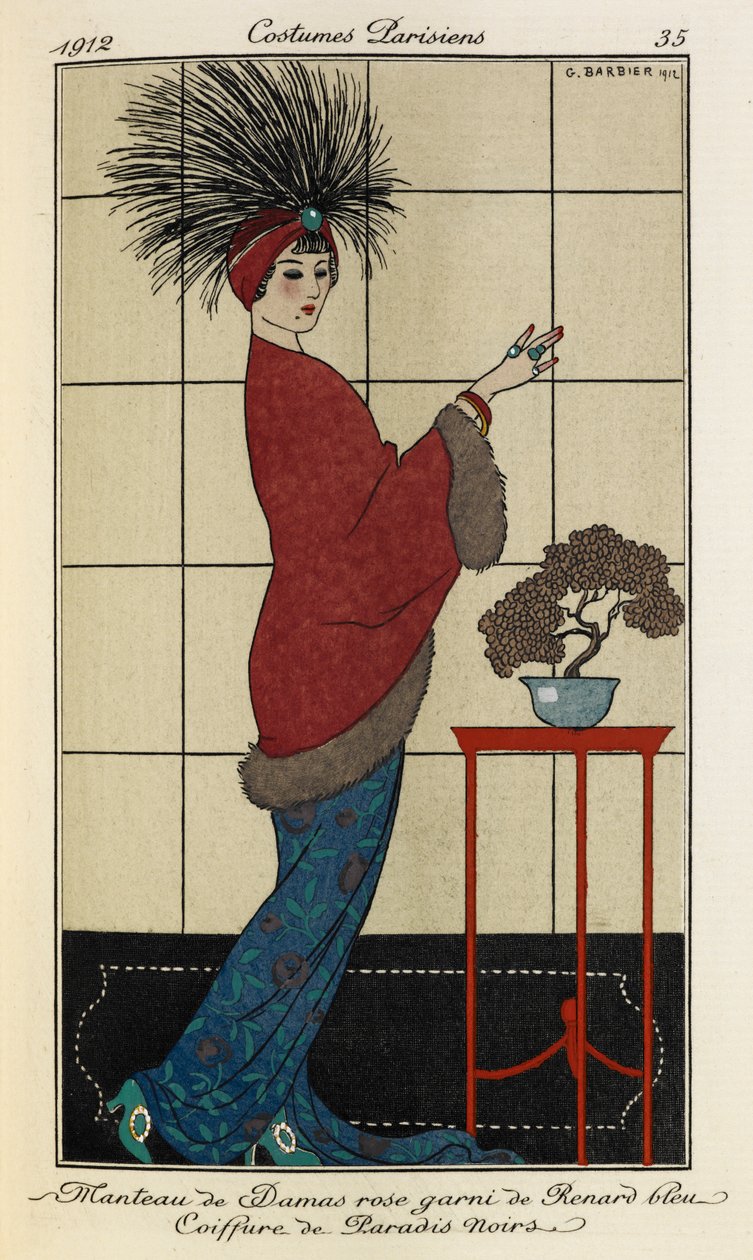 Manteau de Damas rose garni de Renard bleu Coiffure de Paradis noirs. Costumes Parisiens Nr. 35 von Georges Barbier