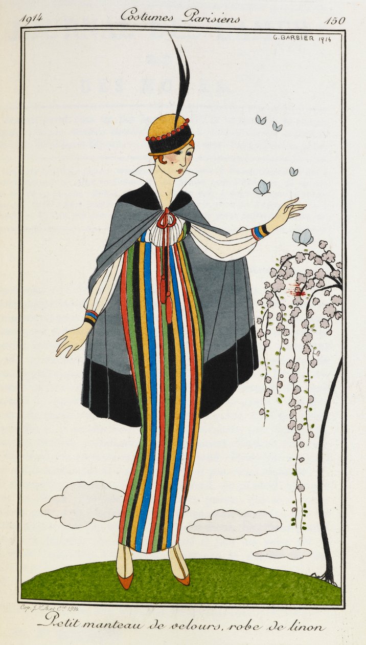 Kleiner Samtmantel, Leinenkleid. Frau in einem kleinen Samtmantel, mit einem gestreiften Leinenkleid, orangefarbenen T-Bar-Schuhen und einem Hut mit schwarzer und roter Verzierung. Pariser Kostüme. von Georges Barbier