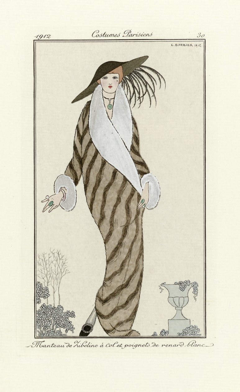 Sablemantel mit weißem Fuchsfellbesatz, aus Costumes Parisien, veröffentlicht 1912 von Georges Barbier
