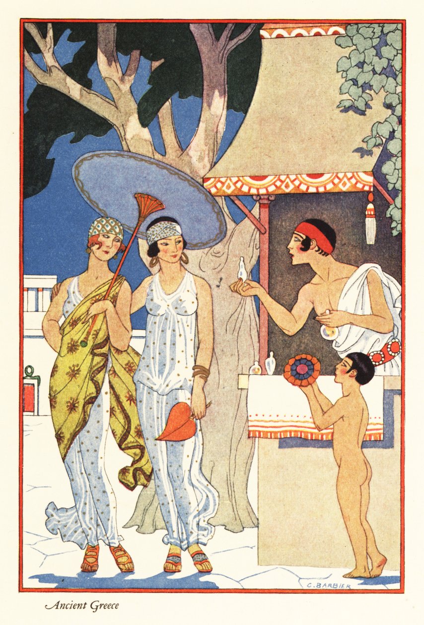 Zwei Frauen kaufen an einem Parfümstand im antiken Griechenland ein. 1928 (Druck) von Georges Barbier