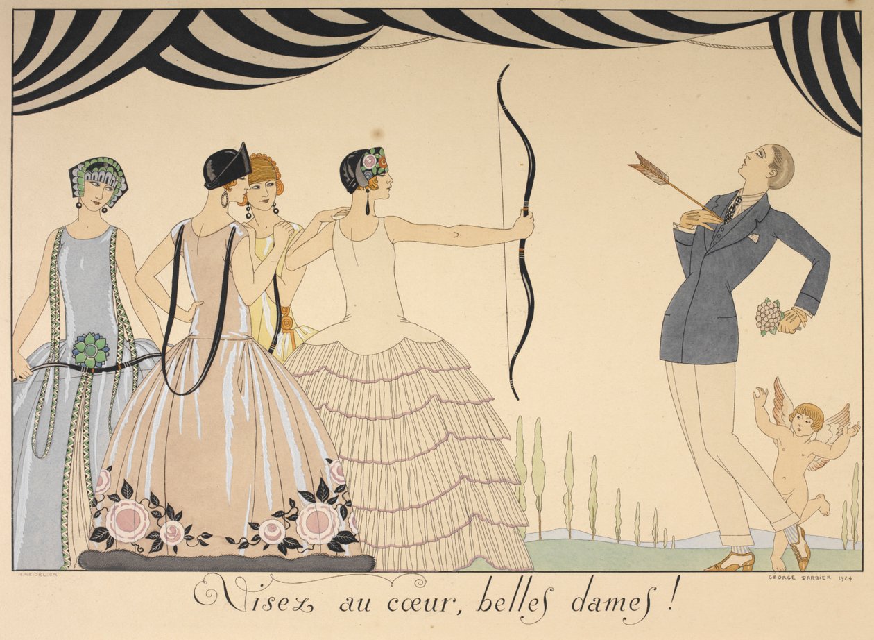 Visez au cœur, belles dames. Zielt auf das Herz, Damen. Eine Frau schießt einem Mann einen Pfeil ins Herz. von Georges Barbier