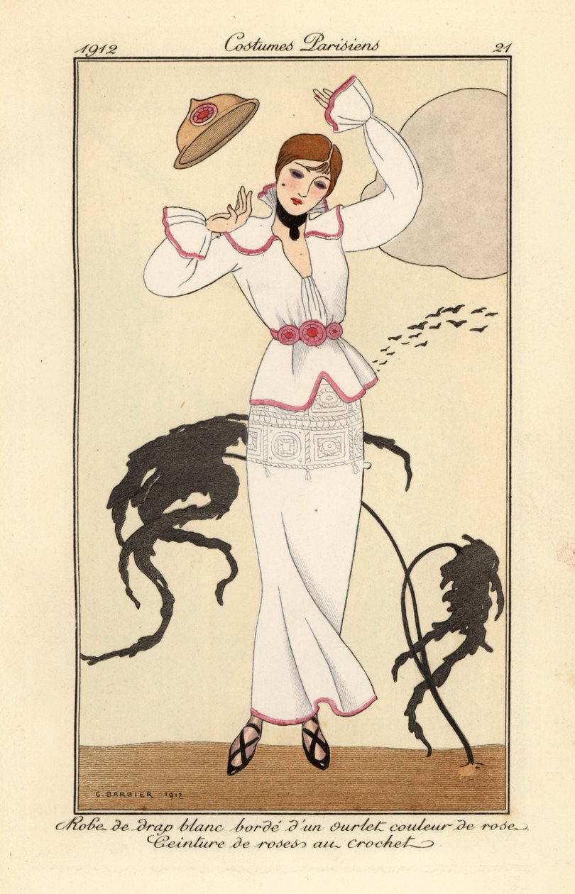 Frau in weißem Wollkleid mit rosa Besatz, Gürtel aus gehäkelten Rosen, verliert ihren Hut im Wind. Handkolorierte Pochoir-Radierung nach einer Illustration von George Barbier von Georges Barbier