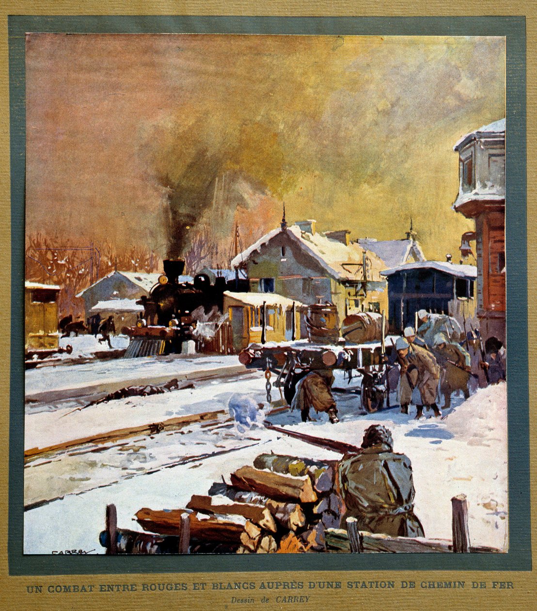 Russische Revolution von 1917: Schlacht zwischen weißen und roten Männern in der Nähe eines Bahnhofs von Georges Carrey