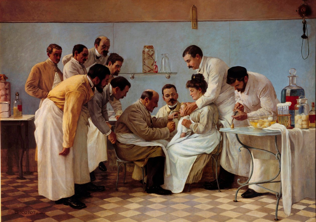 Medizin: „Die Intubation“, Einführen eines Schlauchs bei einem Kind mit Diphtherie, Gemälde von Georges Chicotot von Georges Chicotot