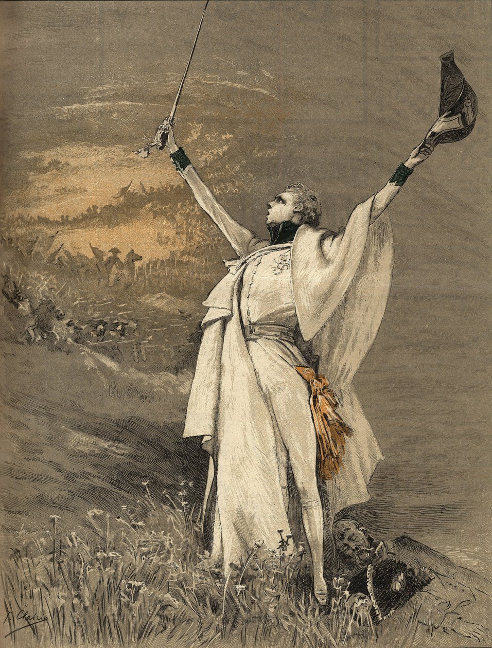 Die Schauspielerin Henriette Rosine Bernard genannt Sarah Bernhardt (1844-1923) in der Rolle des Herzogs von Reichstadt (Sohn von Kaiser Napoleon I. (1769-1821) - „Der Aiglon“, Gravur von Georges Jules Victor Clairin (1843 - 1919) von 1900. von Georges Clairin