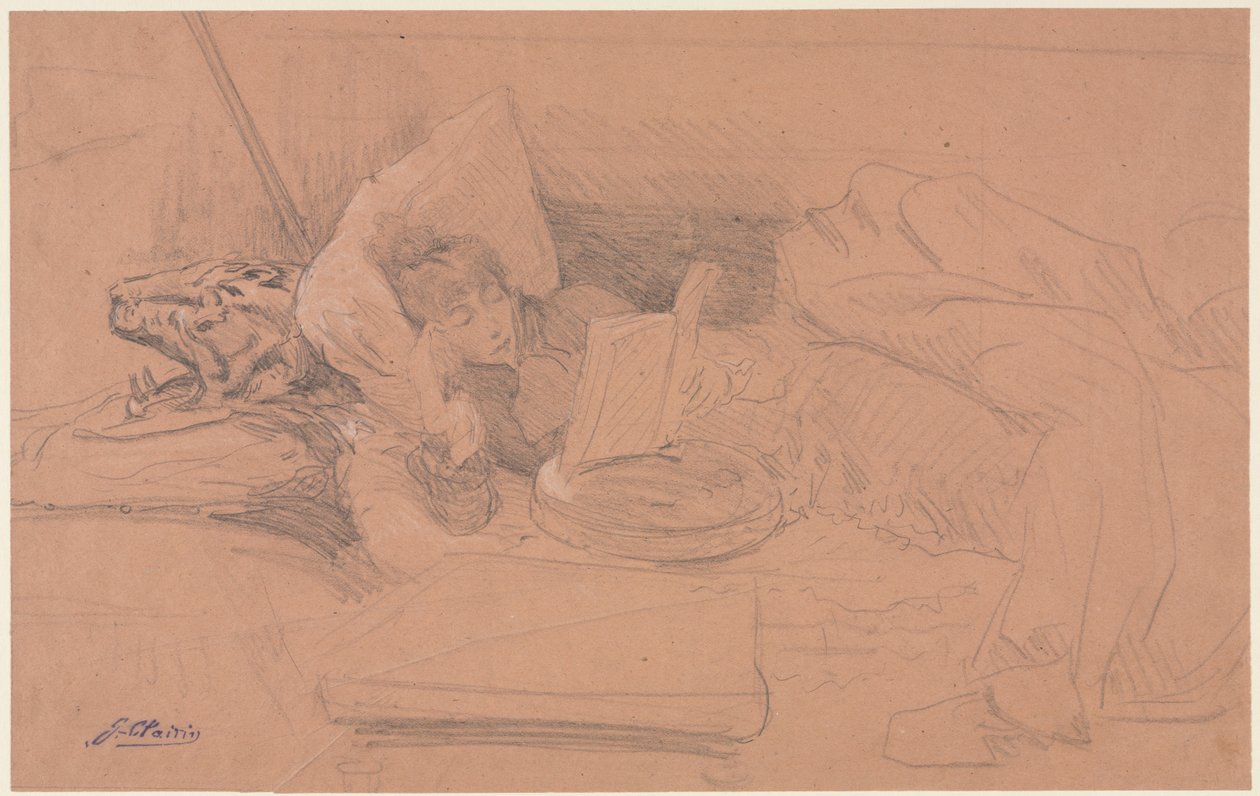 Sarah Bernhardt auf einem Diwan liegend, lesend von Georges Jules Victor Clairin