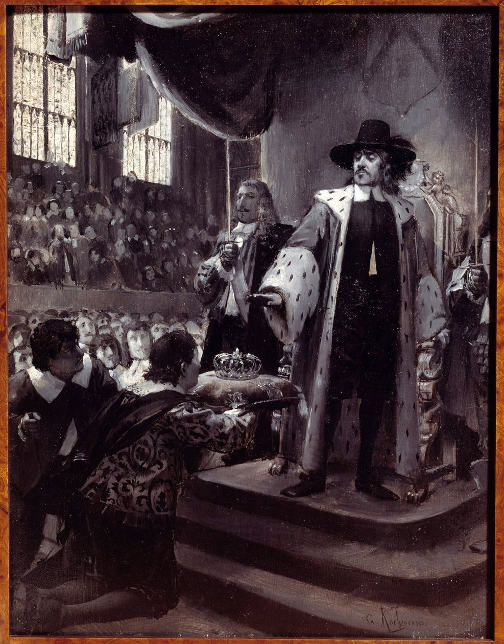 Oliver Cromwell (1599-1658) lehnt die Krone ab. Der Lordprotektor der Republik Großbritannien wurde 1658 von der Humble Petition and Advice (Neues Parlament) die Krone angeboten. Grisaille auf Holz von Georges Antoine Rochegrosse (1859-1938) 19. Jahrhunder von Georges Marie Rochegrosse