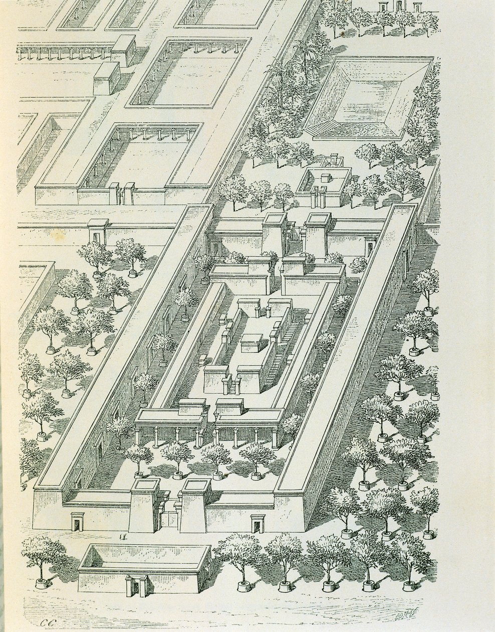 Radierung, die eine perspektivische Ansicht eines Gebäudes in Tell el-Amarna darstellt, von Georges Perrot und Charles Chipiez von Georges and Chipiez Charles Perrot