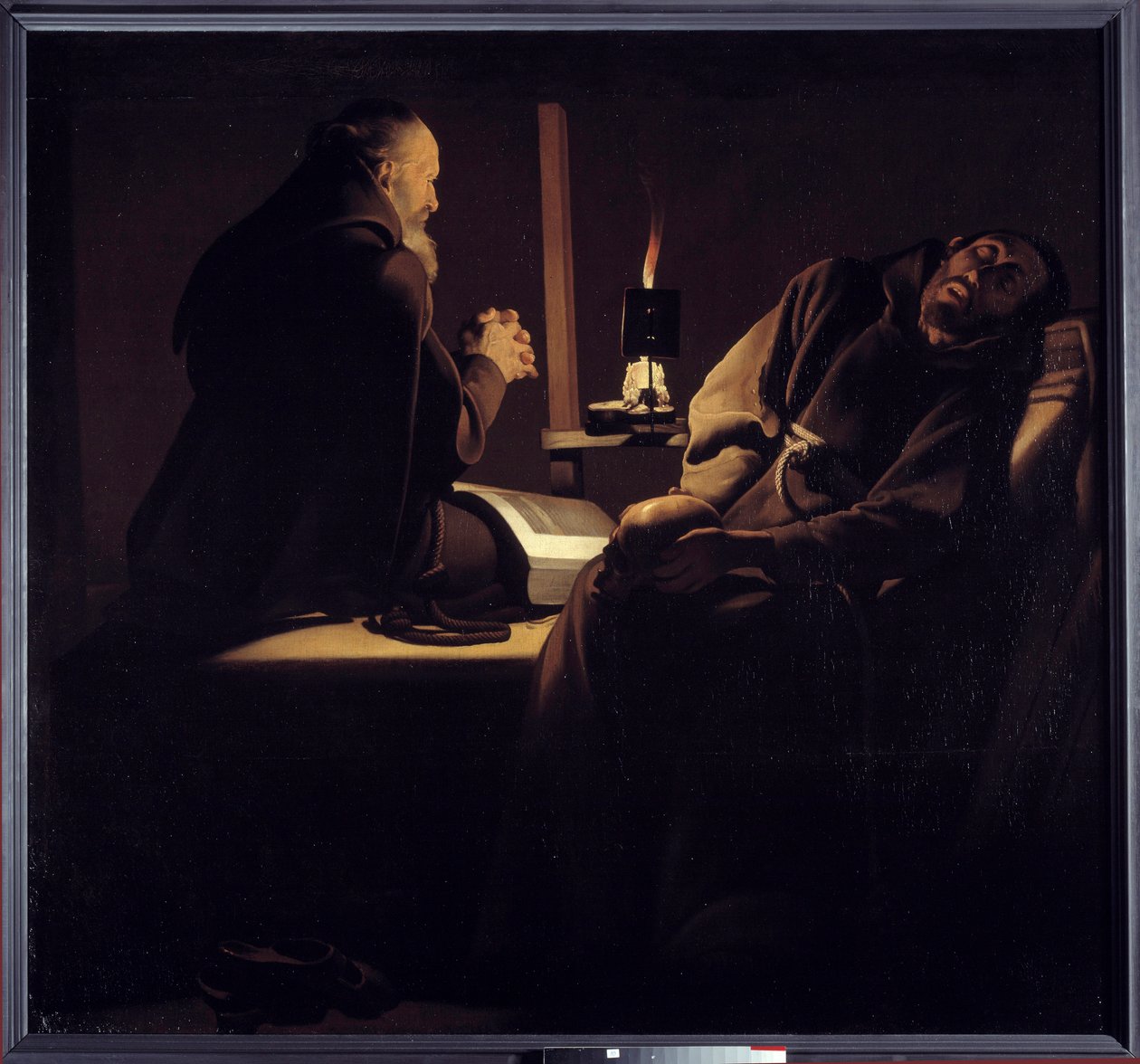 Die Ekstase des Heiligen Franziskus, auch genannt ein Mönch im Gebet neben einem sterbenden Mönch oder die zwei Mönche. von Georges de la (after) Tour