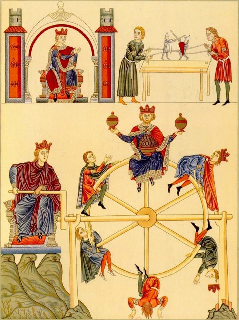 Kämpfende Ritterpuppen & Glücksrad aus Hortus Deliciarum von Herrad von Landsberg, 1167-85 von Georgia Levan Ramishvili from Tbilisi