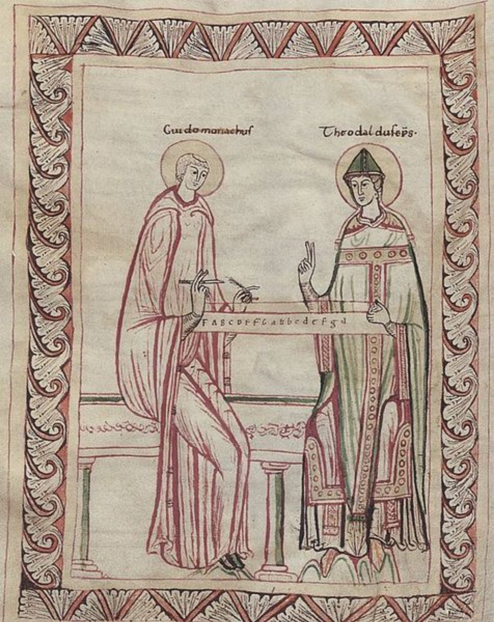 Guido von Arezzo und Bischof Tedald arbeiten am Monochord, 11. Jahrhundert Miniatur von Georgia Levan Ramishvili from Tbilisi