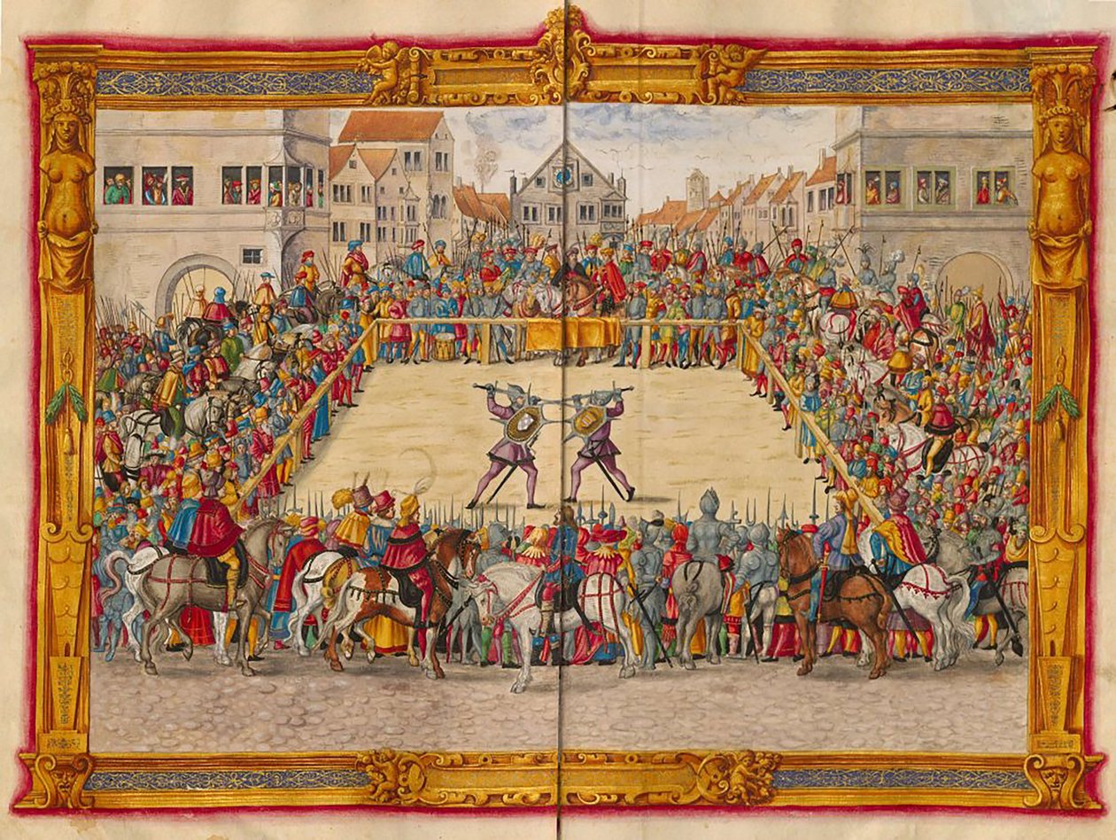 Wilhelm von Dornsberg und Theodor Haschenacker duellieren sich auf dem Augsburger Weinmarkt, aus Fechtbucher von Jörg Breu dem Jüngeren, um 1544 von Georgia Levan Ramishvili from Tbilisi