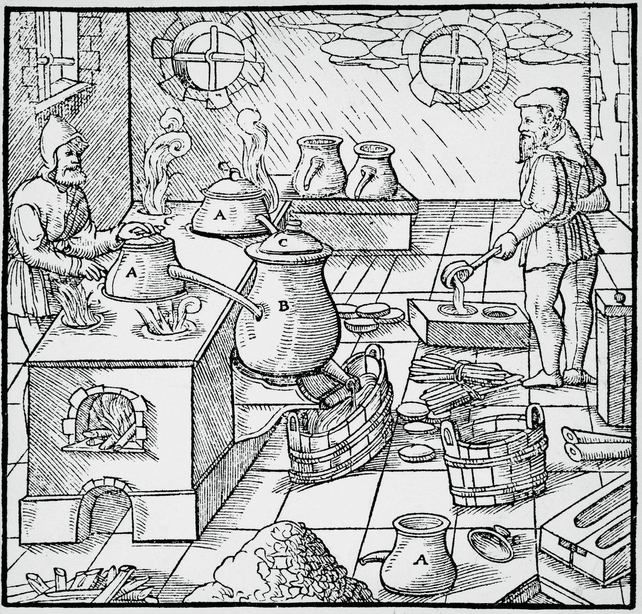 Gravur aus De re metallica (Über die Natur der Metalle), von Georg Pawer oder Georgius Agricola (1494-1555), veröffentlicht in Basel von Georgius Agricola