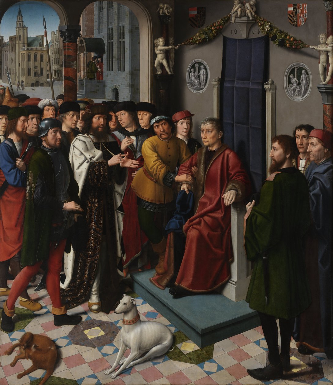 Gerechtigkeitsdiptychon für den Ratssaal des Brügger Rathauses. Tafel 1 - Die Gefangennahme des korrupten Richters Sisamnes von Gerard David