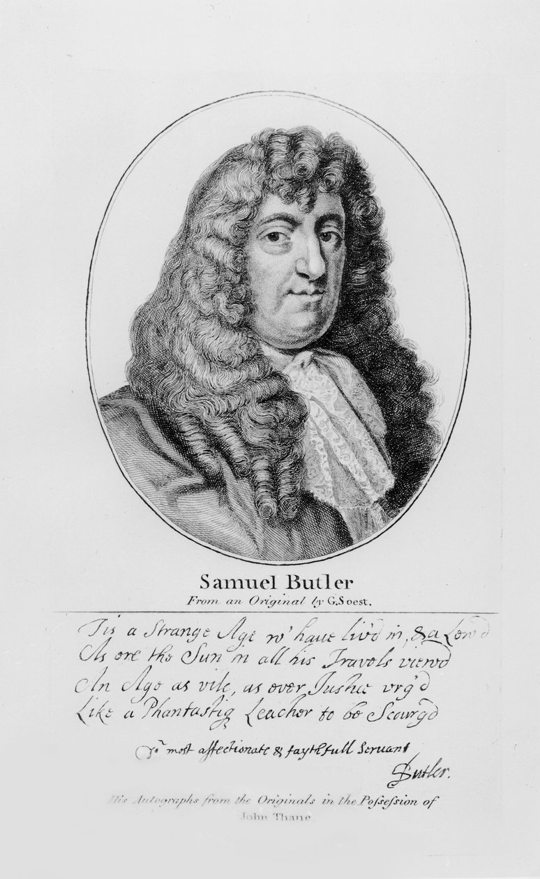 Porträt von Samuel Butler (1612-80) mit einer Probe seiner Handschrift von Gerard Soest