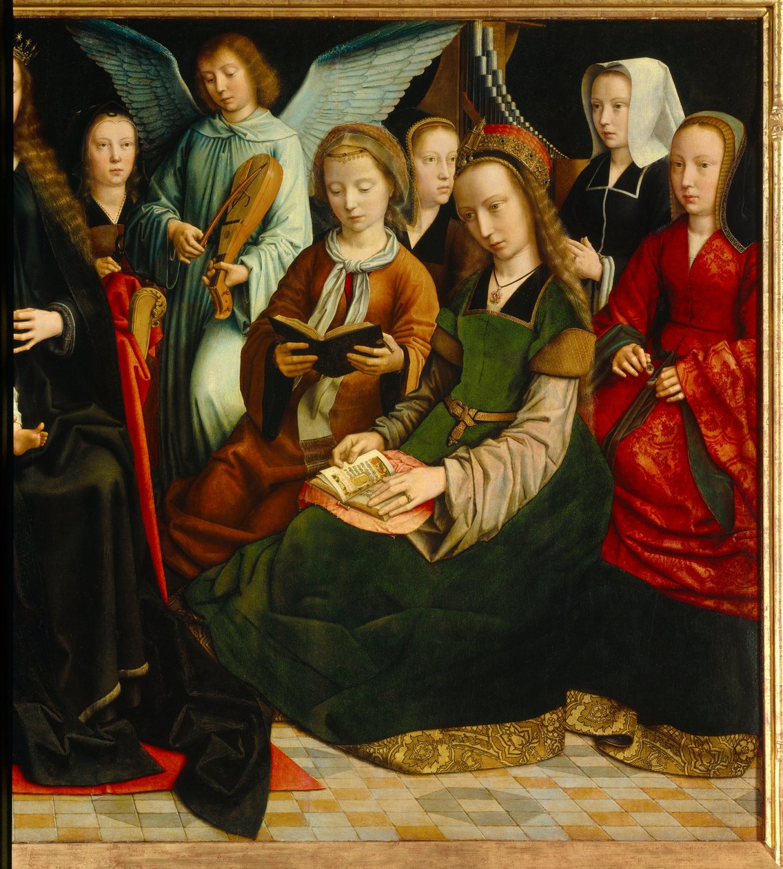 Die Jungfrau unter den Heiligen. Detail der Heiligen: Heilige Apolline, Heilige Godeline, Heilige Cäcilia, Heilige Barbara, Heilige Lucia. Gemälde von Gerard David von Gerard David