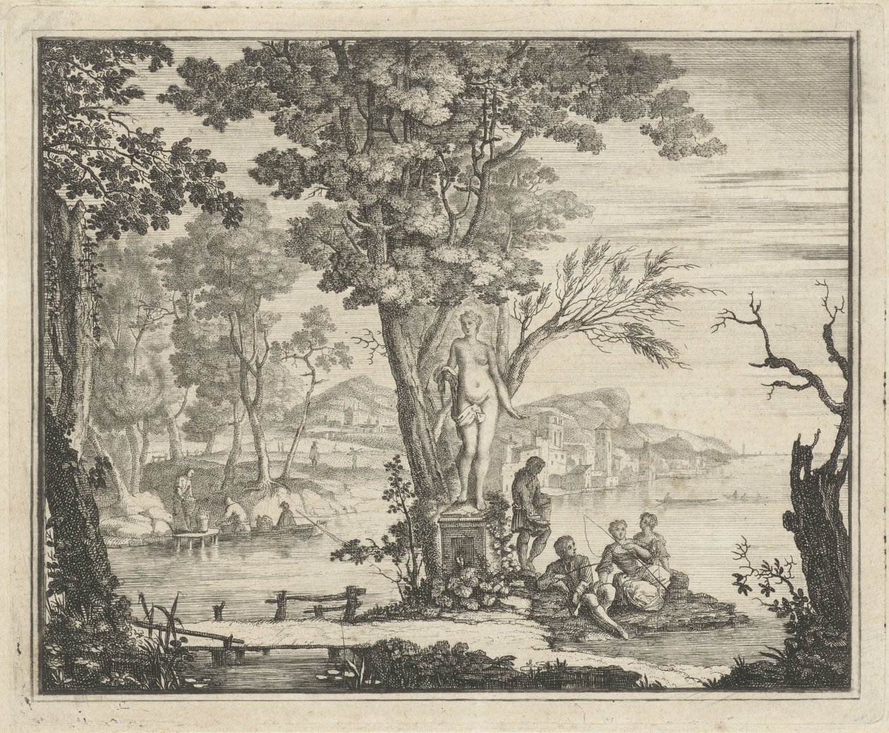 Flusslandschaft mit Anglern bei einer Venusstatue von Gerard Melder