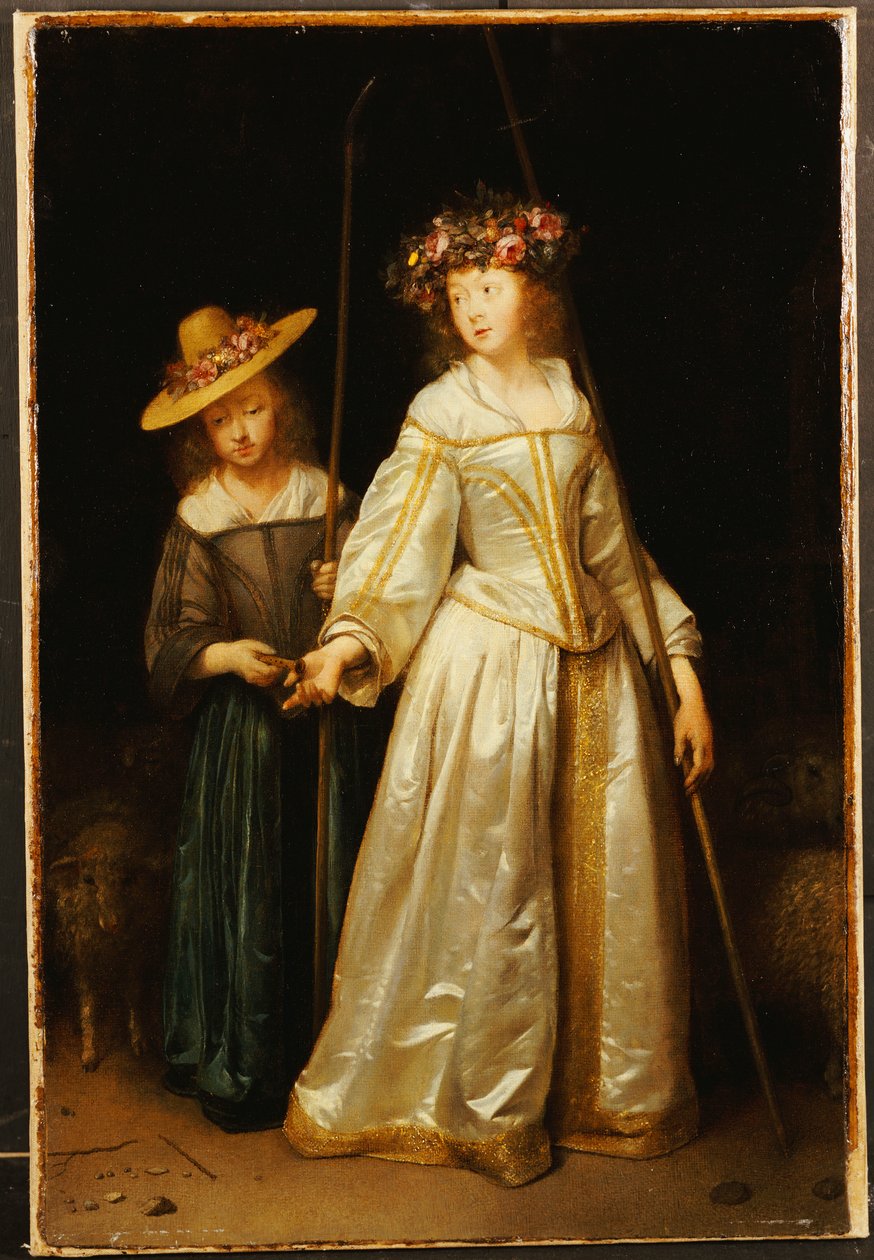 Die Stiefschwester des Künstlers, mit ihrer jüngeren Schwester Catharina, die ihr eine Flöte gibt, 1651 von Gerard ter Borch