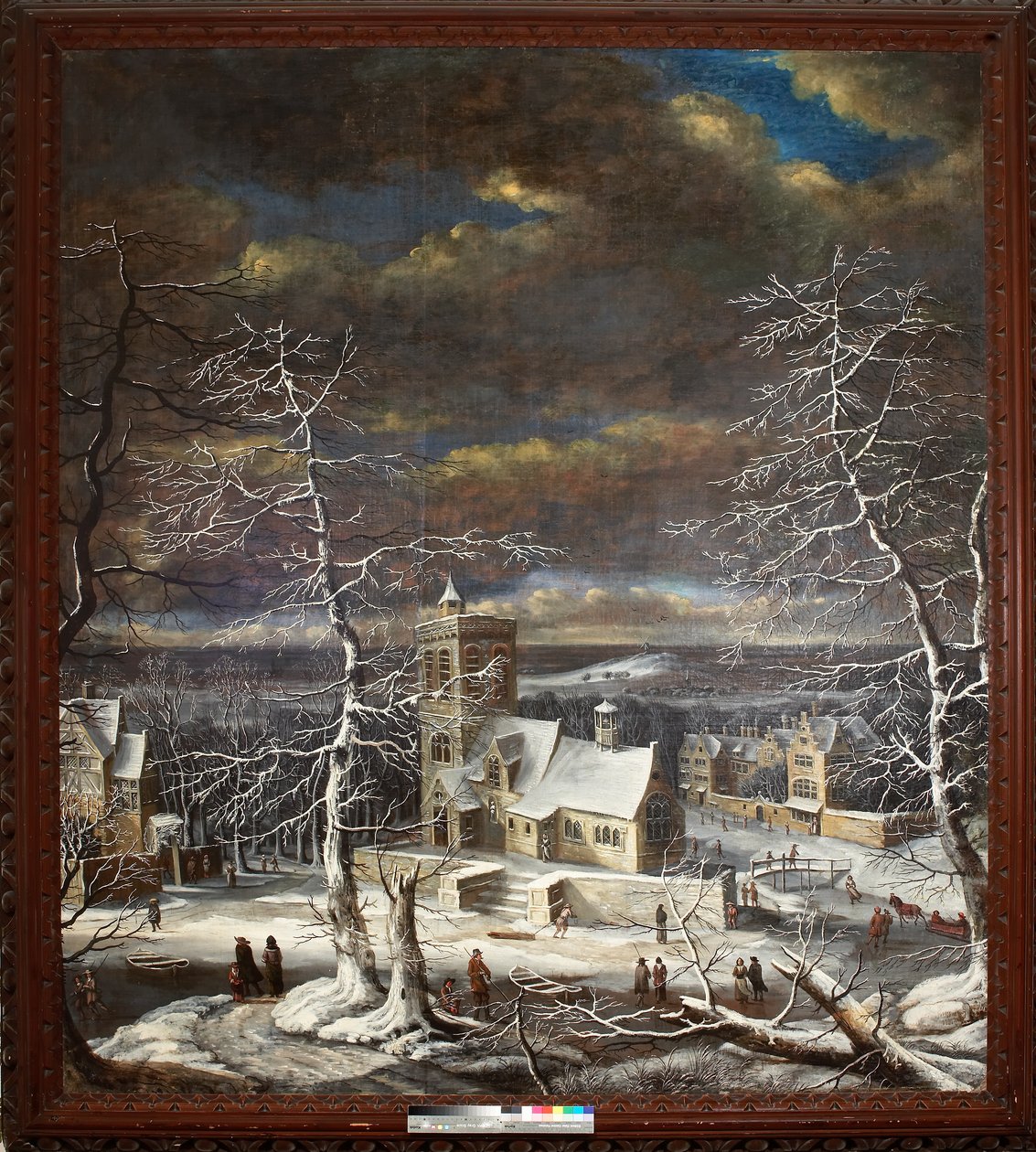 Ein Dorf im Winter mit Figuren auf dem Eis von Gerard van Edema