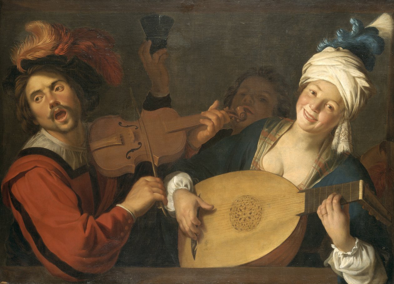 Das Konzert: Paar macht Musik hinter einer Balustrade von Gerard van Honthorst