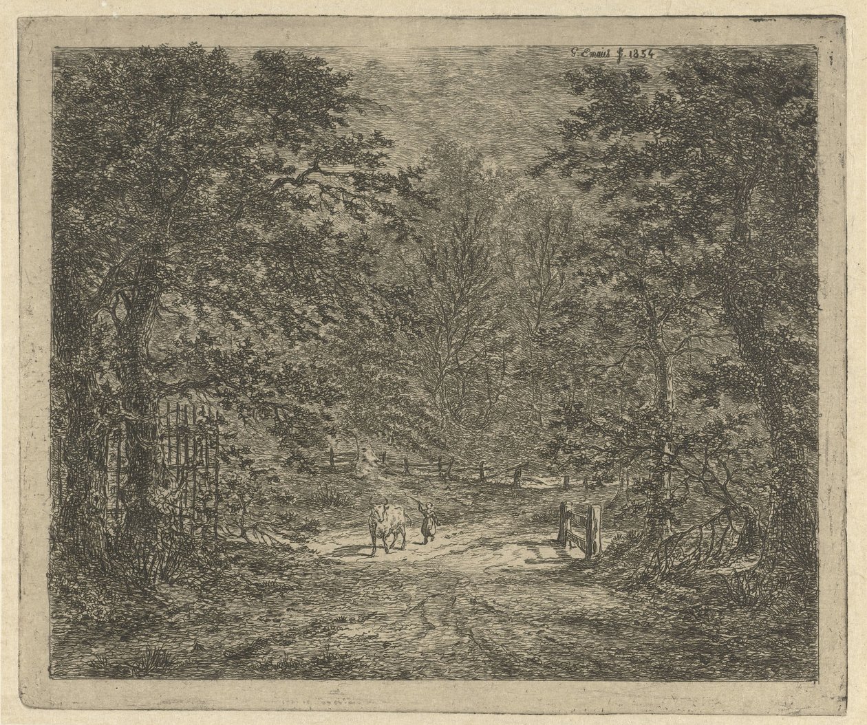 Hirtin mit Kuh im Wald von Gerardus Emaus de Micault