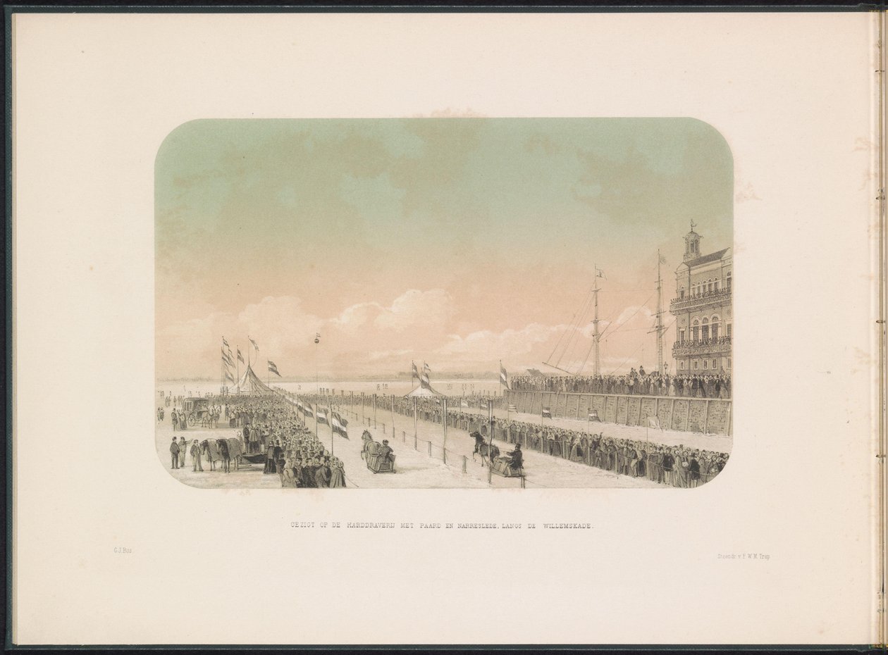 Wettbewerb für Schlitten auf der Maas in Rotterdam, 1855 (Serie: Das Eisspektakel auf der Maas in Rotterdam im Februar 1855, mit Beschriftungen) von Gerardus Johannes Bos