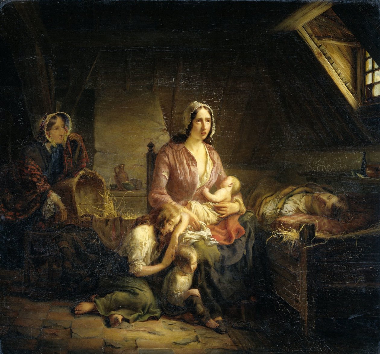 Eine reiche Dame besucht eine arme Familie von Gerardus Terlaak