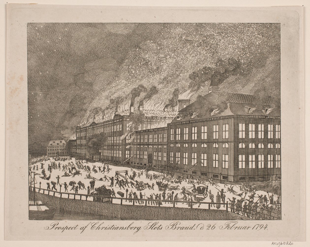 Ansicht des Brandes von Schloss Christiansborg am 26. Februar 1794 von Gerhard Ludvig Lahde