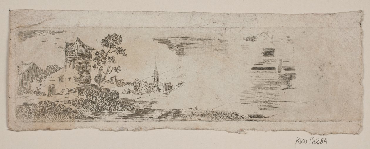 Probedruck einer Landschaft mit Burg und Kirche von Gerhard Ludvig Lahde