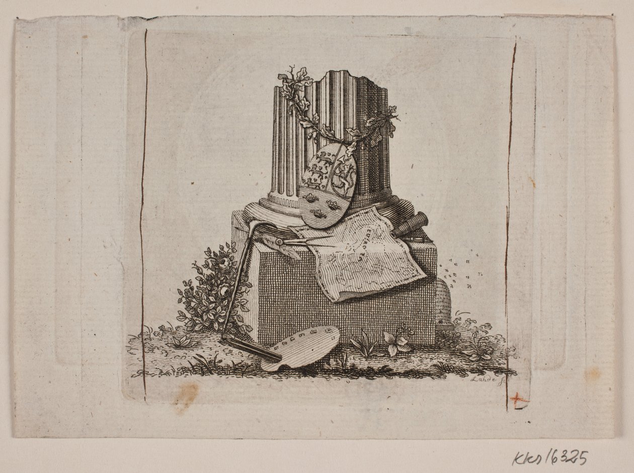 Vignette mit gebrochener Säule und den Wappen der drei nordischen Reiche von Gerhard Ludvig Lahde