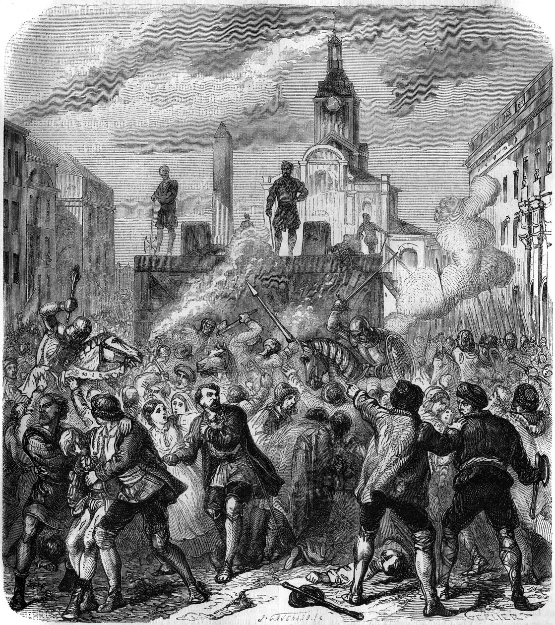 Stockholmer Blutbad, Massaker an schwedischen Widerstandsführern auf Befehl von König Christian II. von Dänemark, 8. November 1520: Die Armee versucht, den Zorn der Bevölkerung zu beruhigen, die gezwungen ist, den Hinrichtungen zuzusehen. Gravur von Gerlie von Gerlier Gerlier