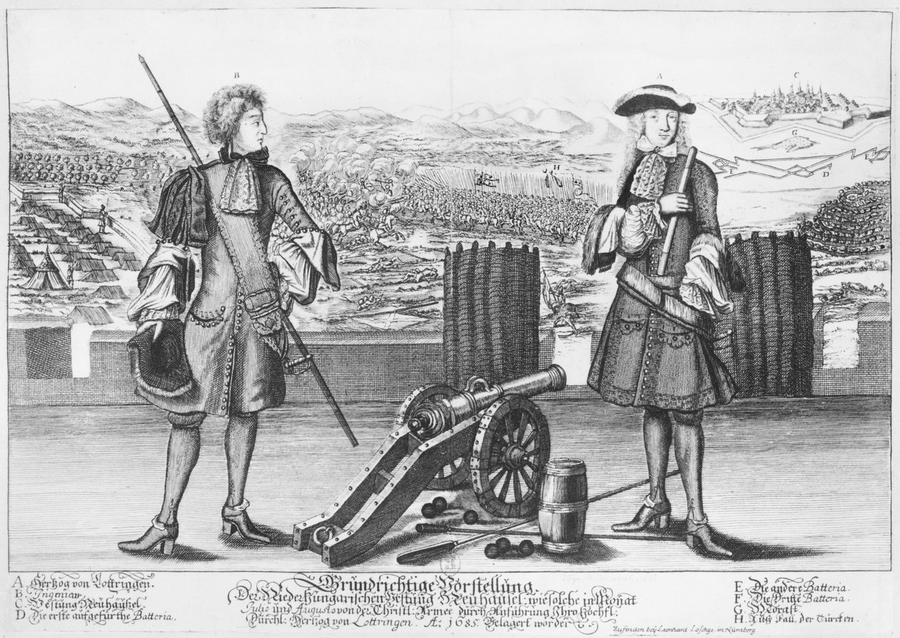 Karl V., Herzog von Lothringen und Bar, mit einem Ingenieur, bei der Schlacht von Neuhausel gegen die Türken im Juli und August 1685 von German School