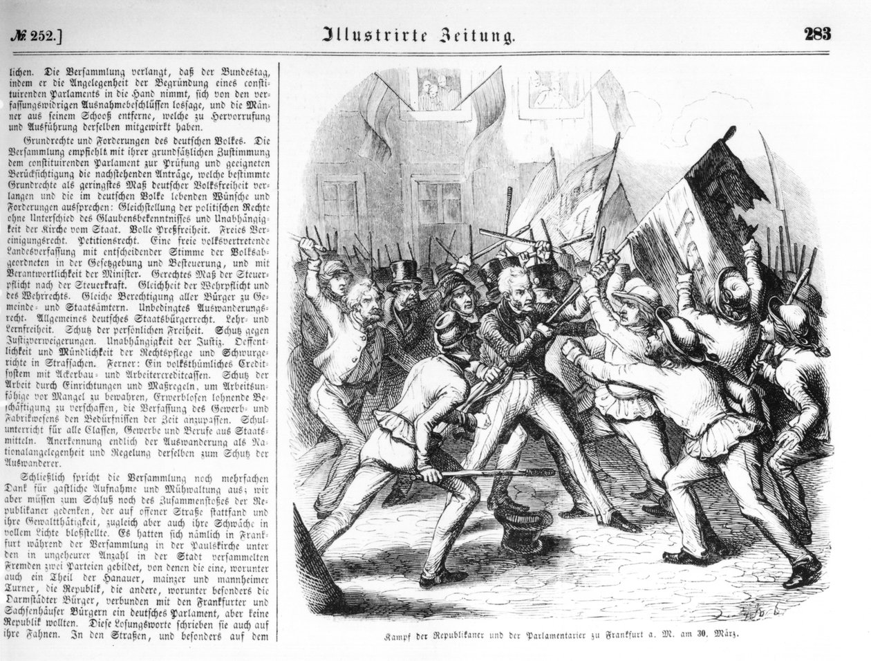Kampf zwischen den Republikanern und den Parlamentsmitgliedern in Frankfurt am Main am 30. März 1848, Illustration aus 
