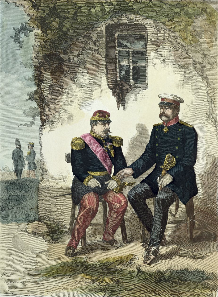 Treffen zwischen Otto von Bismarck (1815-98) und Napoleon III. (1808-73) in Donchery, 2. September 1870 von German School